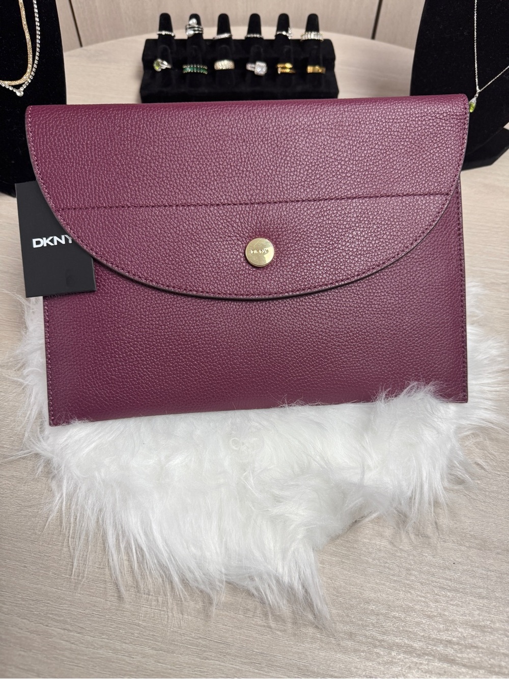 DKNY Pebbled Leather Envelope Clutch in Plum